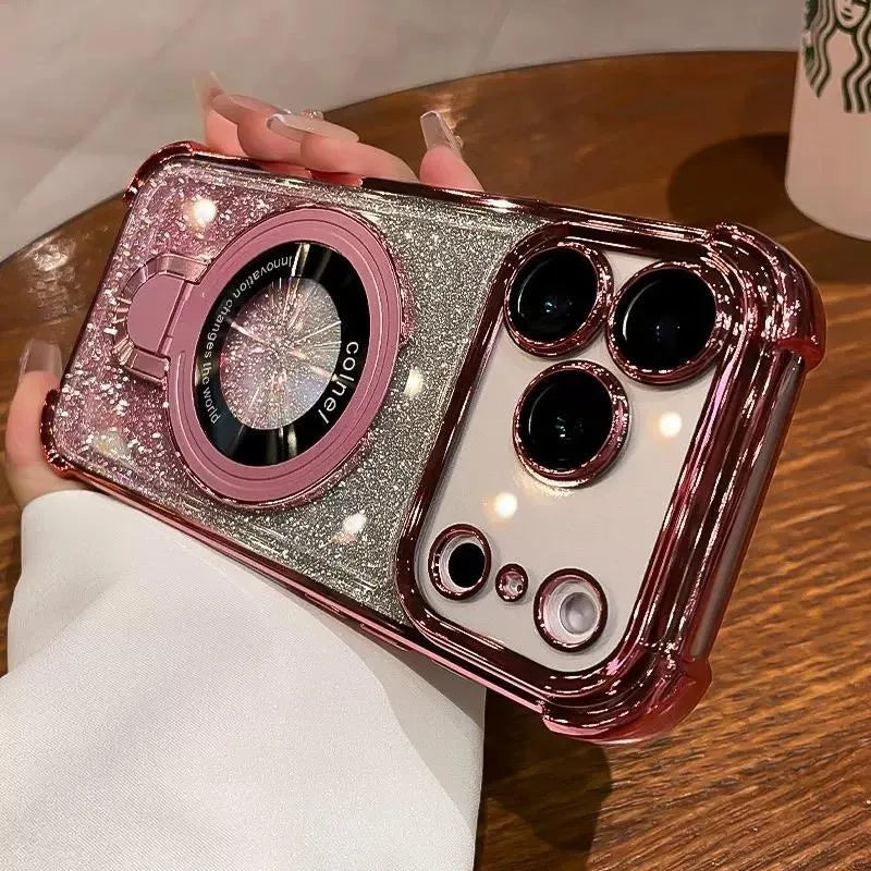 Supporto ad anello glitterato per custodia Magsafe per iPhone 14 15 16 17 Pro Max Plus 13 12 11 Air, pellicola protettiva per fotocamera sfumata
