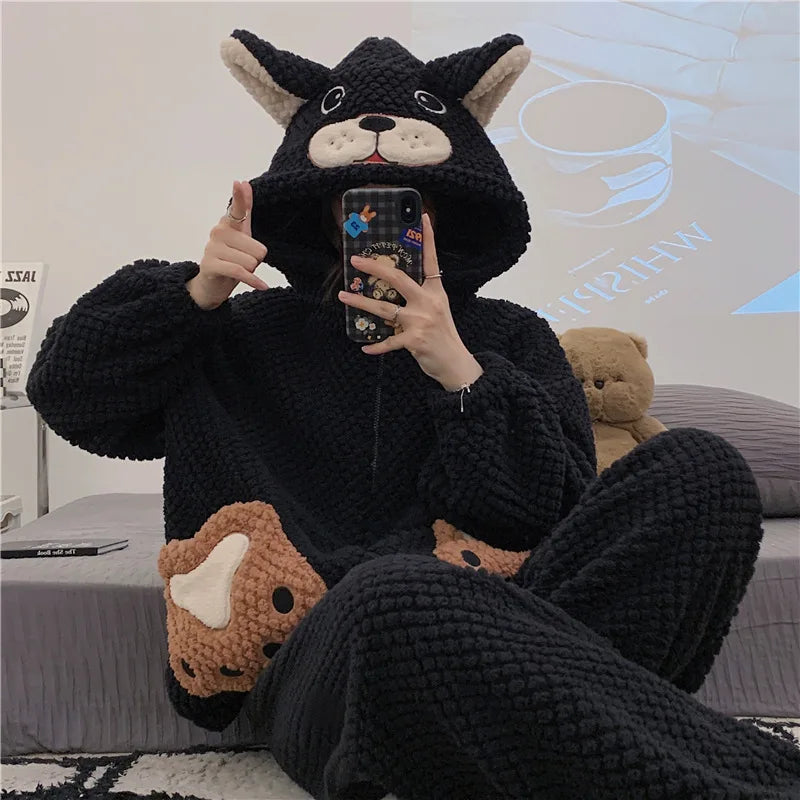 Pigiama in pile di corallo spesso, abbigliamento da casa per ragazze, stile dolce e carino, indossabile all'aperto, caldo, set da notte per l'autunno e l'inverno