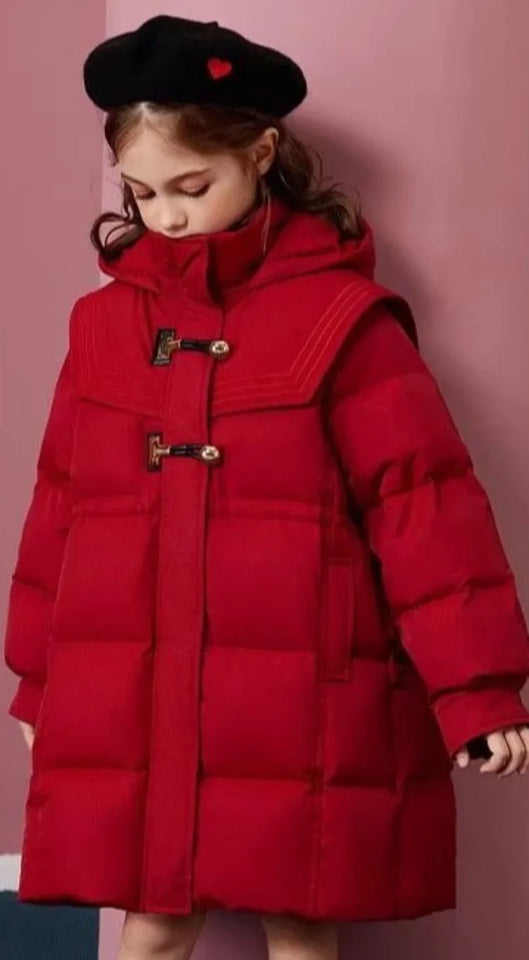Girls' 2025 New Winter Coat Down-Filled Hooded Mid-Length Cotton Jacket Stylish Casual Kids' Thermal Wear Outerwear Trendy