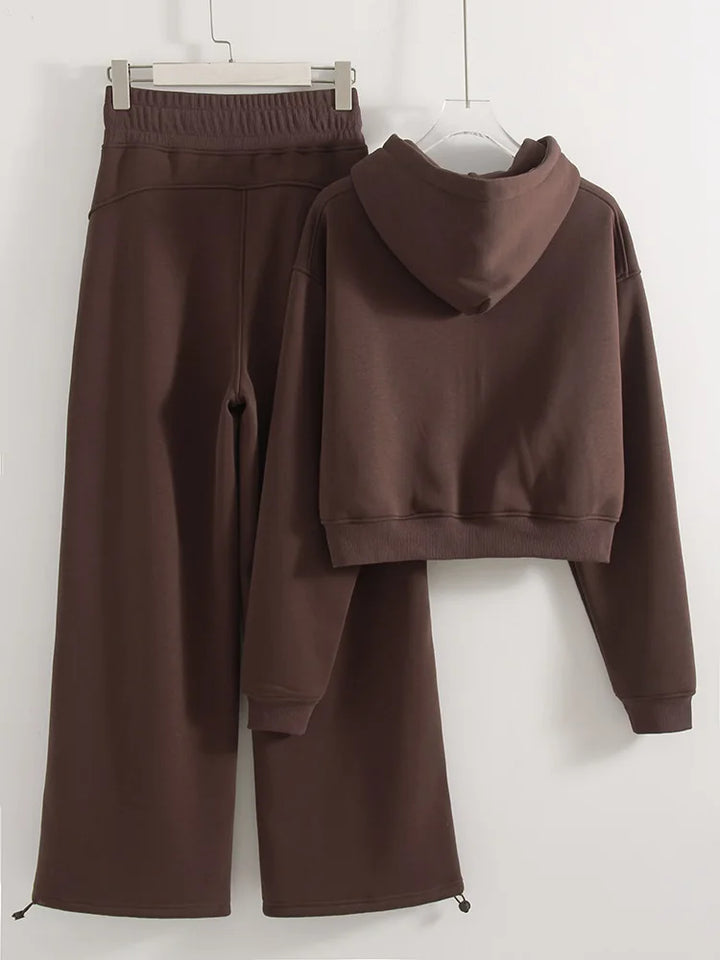 Tute da donna, tuta invernale in pile marrone, calda felpa con cappuccio e cerniera, set di pantaloni da tuta da donna, set di pantaloni in velluto da 2 pezzi