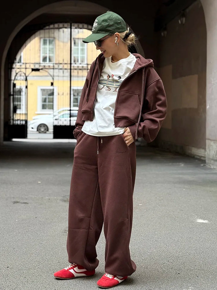 Tute da donna, tuta invernale in pile marrone, calda felpa con cappuccio e cerniera, set di pantaloni da tuta da donna, set di pantaloni in velluto da 2 pezzi