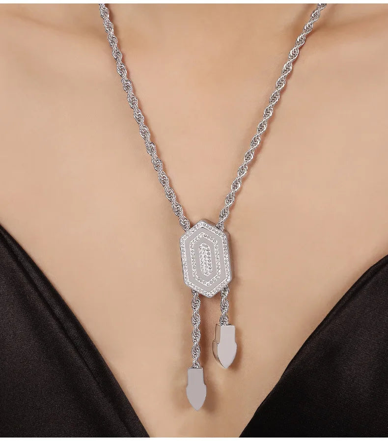 Set di bracciale e collana per donna, catena intrecciata con ciondolo esagonale in zirconia cubica, gioielli in acciaio inossidabile di alta qualità all'ingrosso