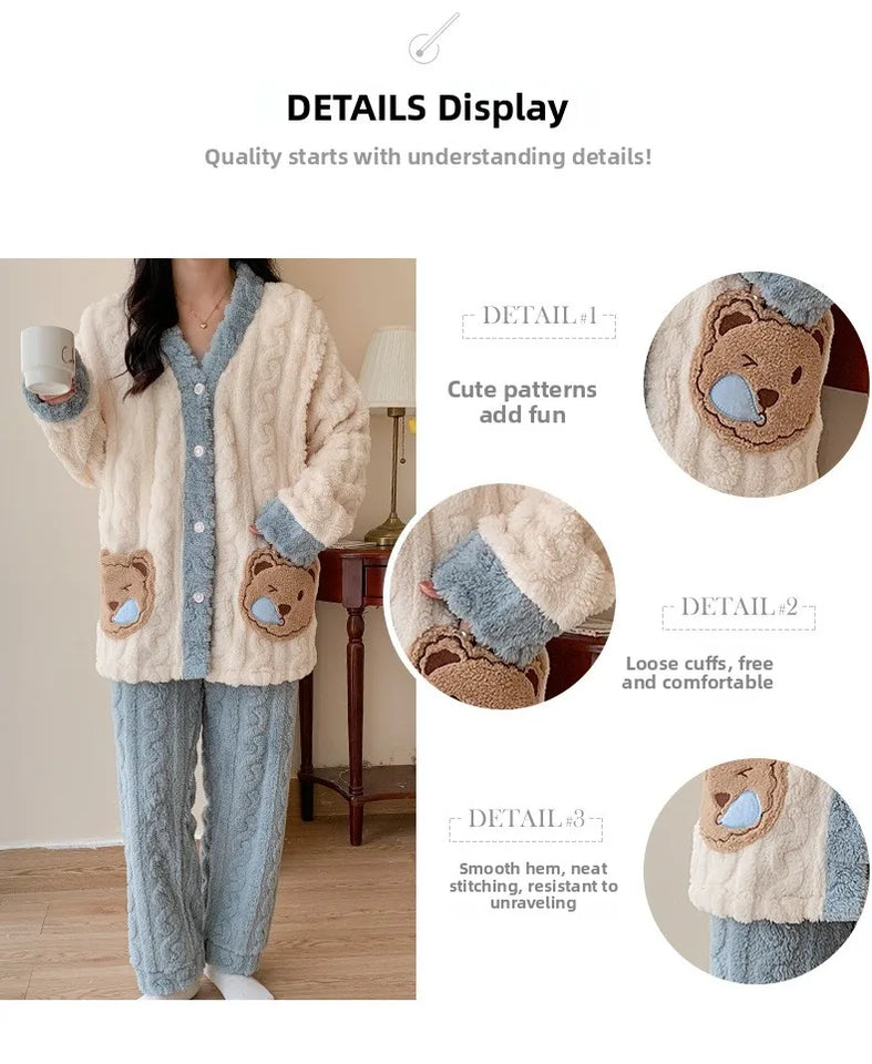 Camicia da notte premaman in flanella spessa, stile autunno inverno, cardigan per l'allattamento, manica lunga, pantaloni lunghi, calda camicia da notte per l'allattamento