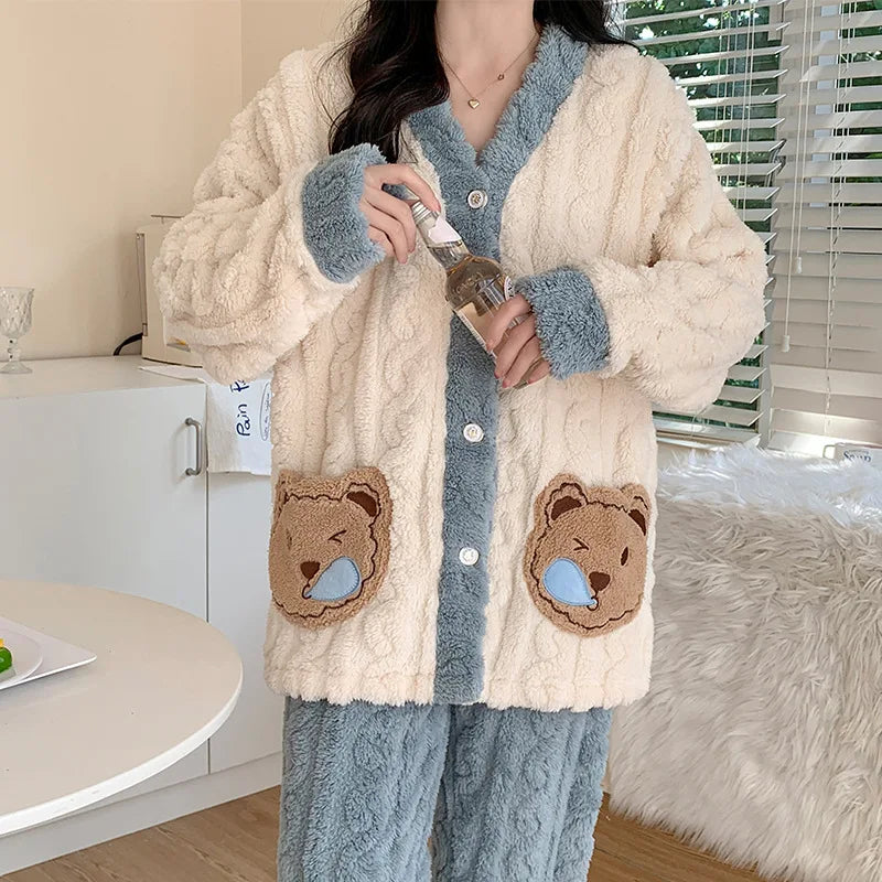 Camicia da notte premaman in flanella spessa, stile autunno inverno, cardigan per l'allattamento, manica lunga, pantaloni lunghi, calda camicia da notte per l'allattamento