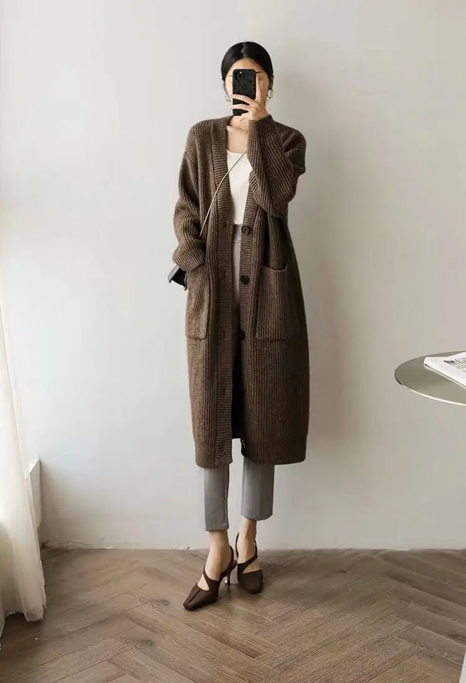 Cardigan giapponese da donna in maglia, di media e lunga lunghezza, in autunno e inverno, retrò, ampio e spesso, per capispalla