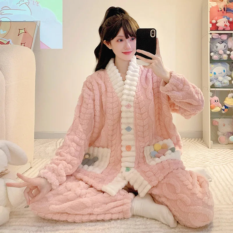 Cardigan lungo invernale da donna con motivo floreale ritagliato, comodo pigiama da casa, taglie forti, scollo a V, manica lunga