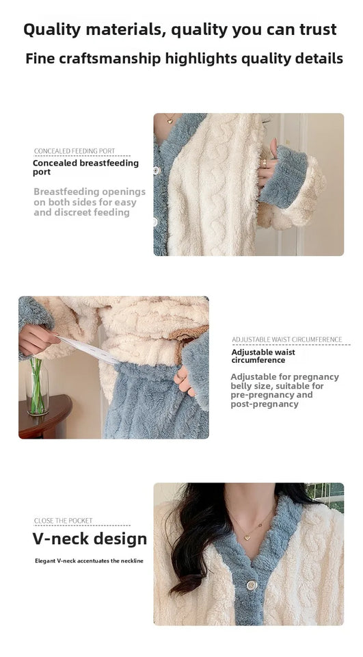 Camicia da notte premaman in flanella spessa, stile autunno inverno, cardigan per l'allattamento, manica lunga, pantaloni lunghi, calda camicia da notte per l'allattamento