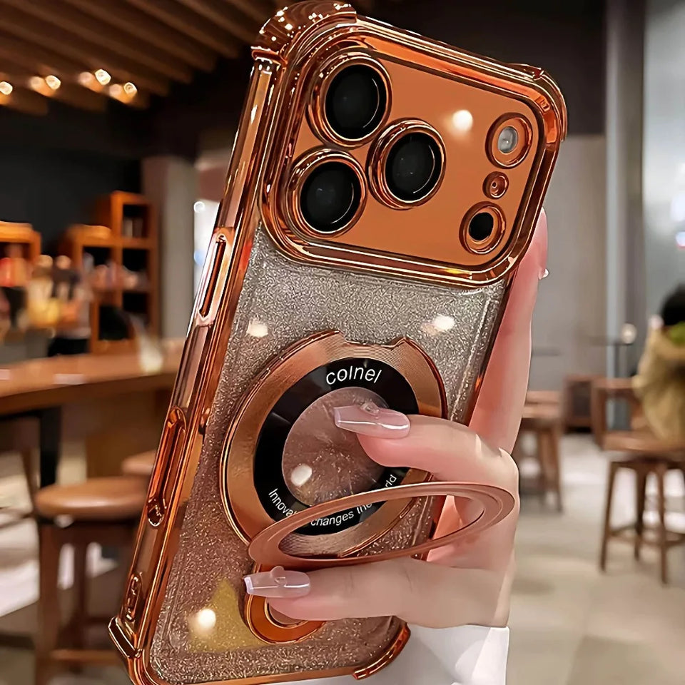 Supporto ad anello glitterato per custodia Magsafe per iPhone 14 15 16 17 Pro Max Plus 13 12 11 Air, pellicola protettiva per fotocamera sfumata