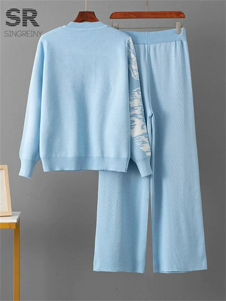 SINGREINY Set da 2 pezzi da donna in maglia jacquard invernale con monopetto e pantaloni lunghi a gamba larga, casual e sportivi