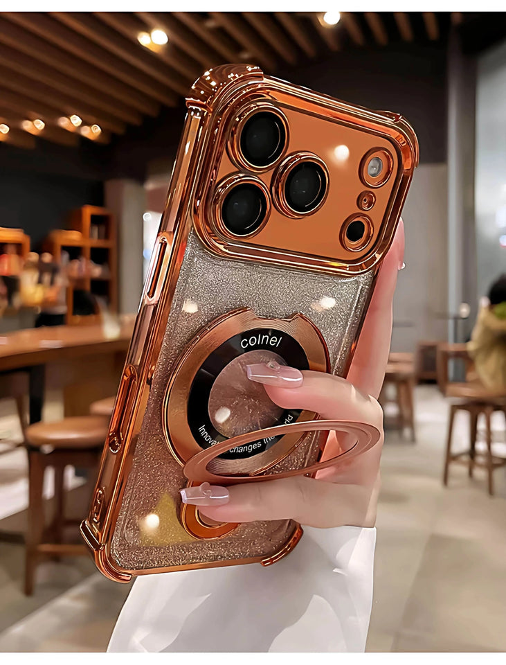 Supporto ad anello glitterato per custodia Magsafe per iPhone 14 15 16 17 Pro Max Plus 13 12 11 Air, pellicola protettiva per fotocamera sfumata