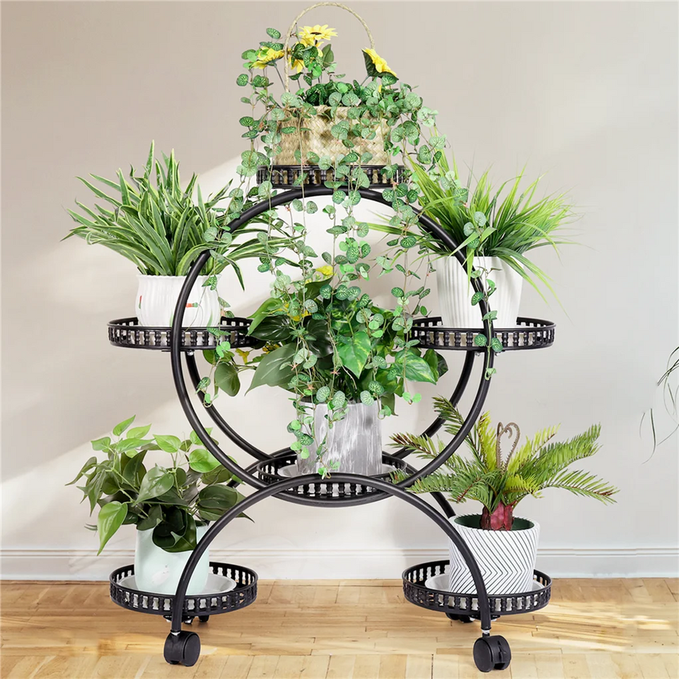 Supporto per piante con 4 ripiani e 6 vasi, scaffale con 4 ruote, mobile libero, scaffale per balcone