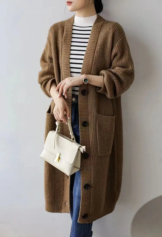 Cardigan giapponese da donna in maglia, di media e lunga lunghezza, in autunno e inverno, retrò, ampio e spesso, per capispalla