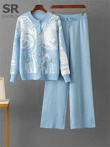 SINGREINY Set da 2 pezzi da donna in maglia jacquard invernale con monopetto e pantaloni lunghi a gamba larga, casual e sportivi