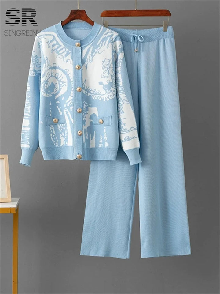 SINGREINY Set da 2 pezzi da donna in maglia jacquard invernale con monopetto e pantaloni lunghi a gamba larga, casual e sportivi