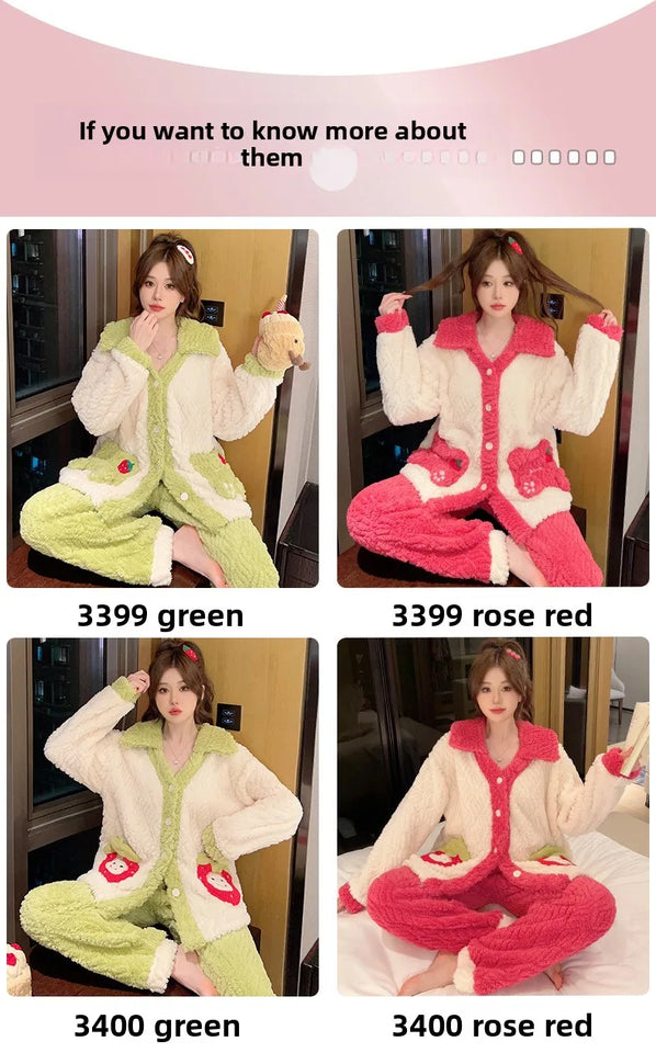 Pigiama lungo da donna in pile di corallo spesso Ins, grazioso pigiama da esterno a forma di fragola, comodo pigiama per l'autunno...