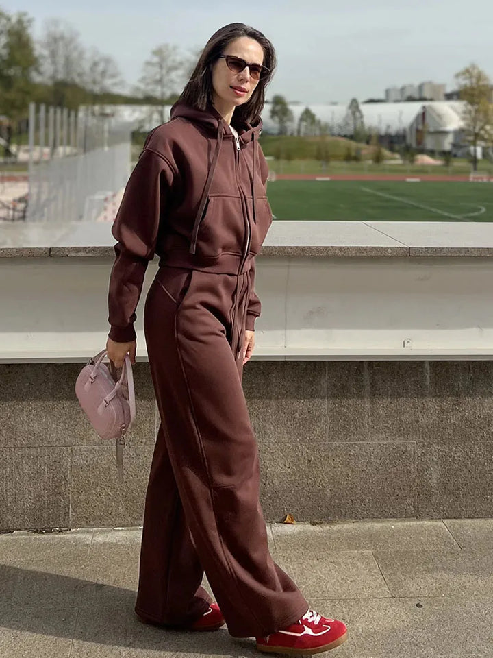 Tute da donna, tuta invernale in pile marrone, calda felpa con cappuccio e cerniera, set di pantaloni da tuta da donna, set di pantaloni in velluto da 2 pezzi