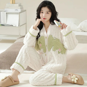 Pigiama in pile di corallo spesso, set di vestiti invernali da donna con motivo a coniglio, pantaloni in flanella calda a maniche lunghe e scollo a V