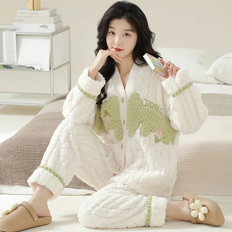 Pigiama in pile di corallo spesso, set di vestiti invernali da donna con motivo a coniglio, pantaloni in flanella calda a maniche lunghe e scollo a V