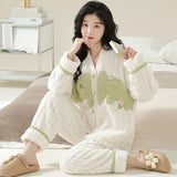 Pigiama in pile di corallo spesso, set di vestiti invernali da donna con motivo a coniglio, pantaloni in flanella calda a maniche lunghe e scollo a V