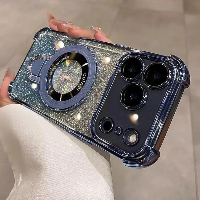 Supporto ad anello glitterato per custodia Magsafe per iPhone 14 15 16 17 Pro Max Plus 13 12 11 Air, pellicola protettiva per fotocamera sfumata