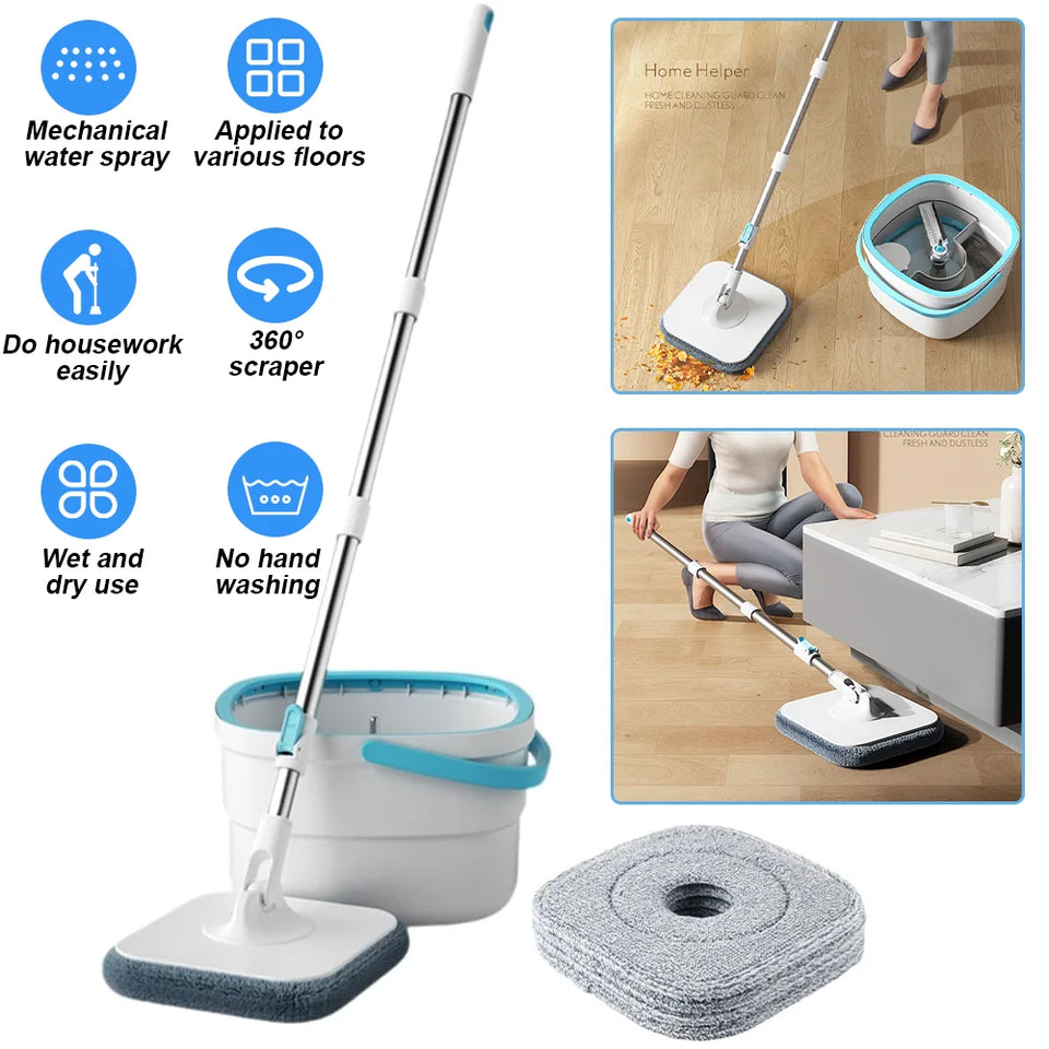 Spin Mop Bucket 3 Microfiber Refills Household Cleaning Automatic Spin Mop Hand-Free Automatic Dehydration Mop for Home Cleaning