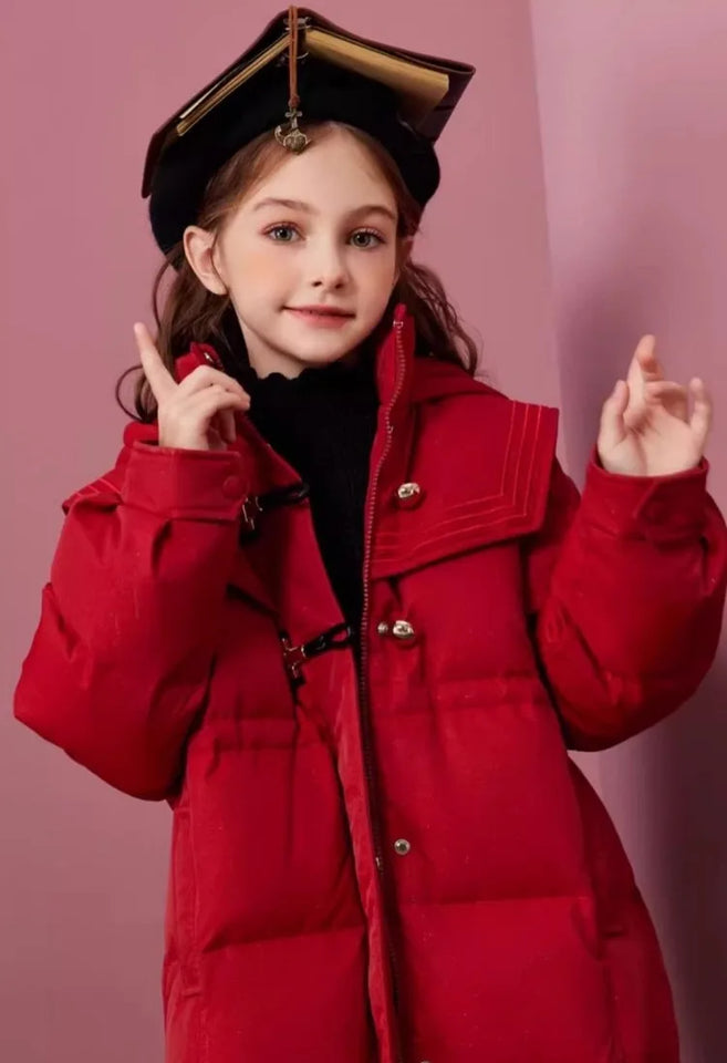 Girls' 2025 New Winter Coat Down-Filled Hooded Mid-Length Cotton Jacket Stylish Casual Kids' Thermal Wear Outerwear Trendy