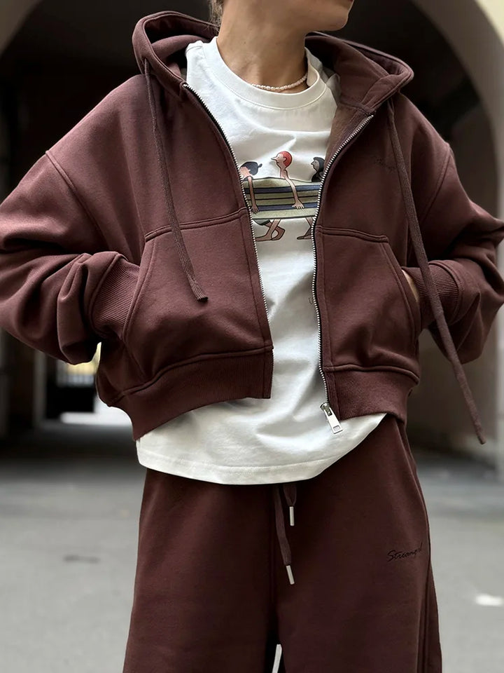 Tute da donna, tuta invernale in pile marrone, calda felpa con cappuccio e cerniera, set di pantaloni da tuta da donna, set di pantaloni in velluto da 2 pezzi