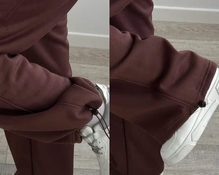 Tute da donna, tuta invernale in pile marrone, calda felpa con cappuccio e cerniera, set di pantaloni da tuta da donna, set di pantaloni in velluto da 2 pezzi