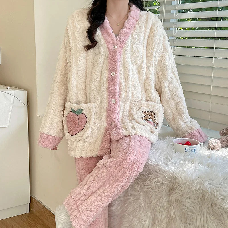 Camicia da notte premaman in flanella spessa, stile autunno inverno, cardigan per l'allattamento, manica lunga, pantaloni lunghi, calda camicia da notte per l'allattamento