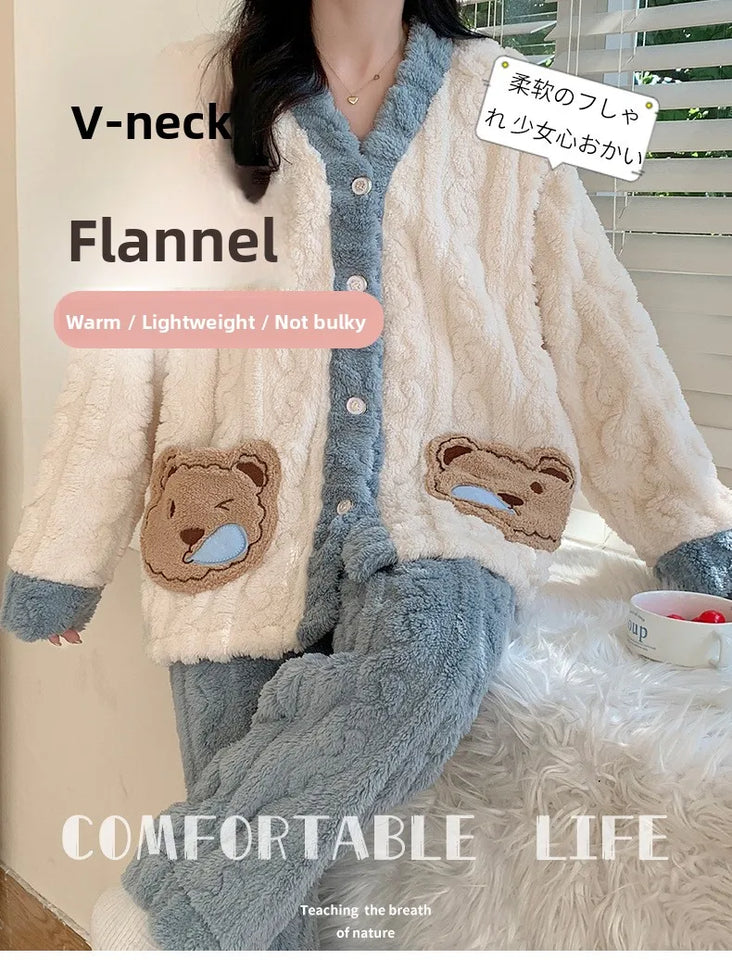 Camicia da notte premaman in flanella spessa, stile autunno inverno, cardigan per l'allattamento, manica lunga, pantaloni lunghi, calda camicia da notte per l'allattamento