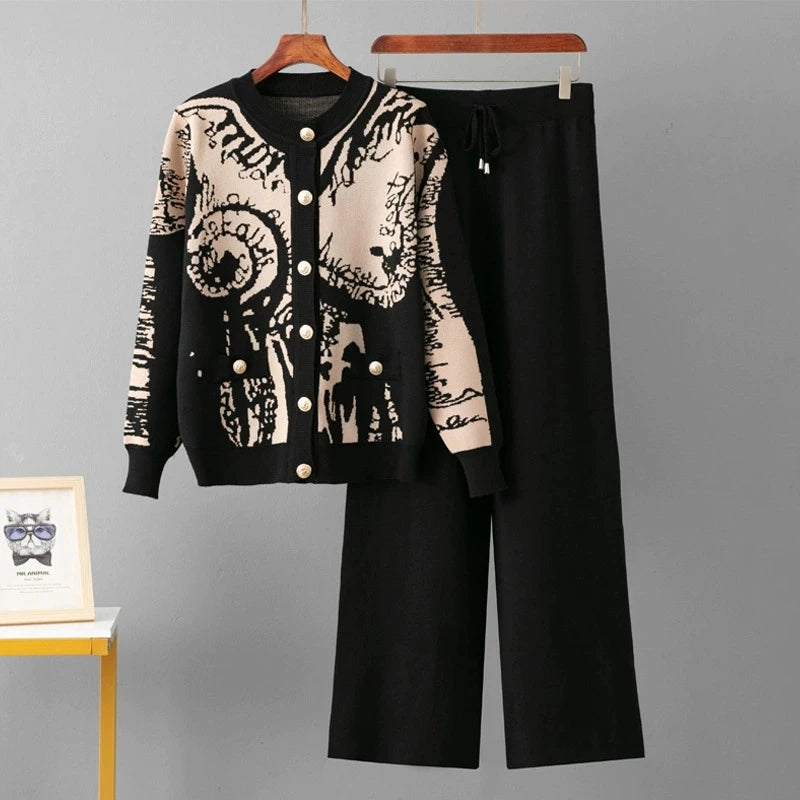 SINGREINY Set da 2 pezzi da donna in maglia jacquard invernale con monopetto e pantaloni lunghi a gamba larga, casual e sportivi