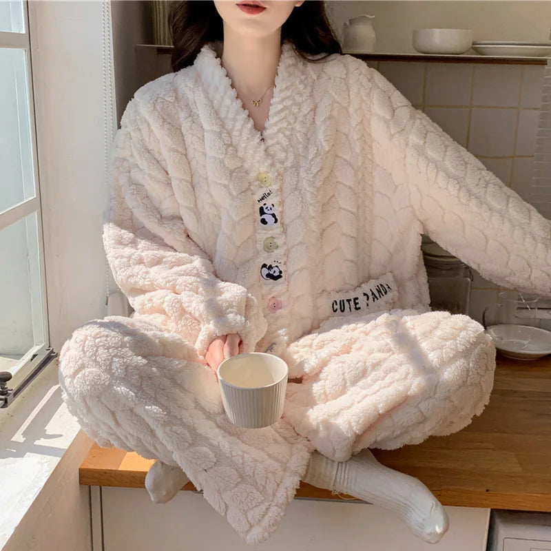 Pigiama in pile spesso da donna, set di vestiti invernali per la casa, design simpatico cartone animato, comodo e caldo, scollo a V, manica lunga