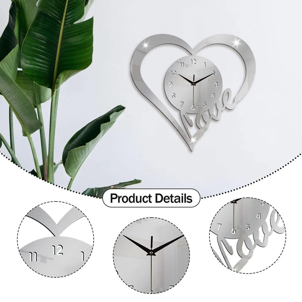 Heart Shaped Wall Clock Modern Bathroom Bedroom Housewarming Silent Movement