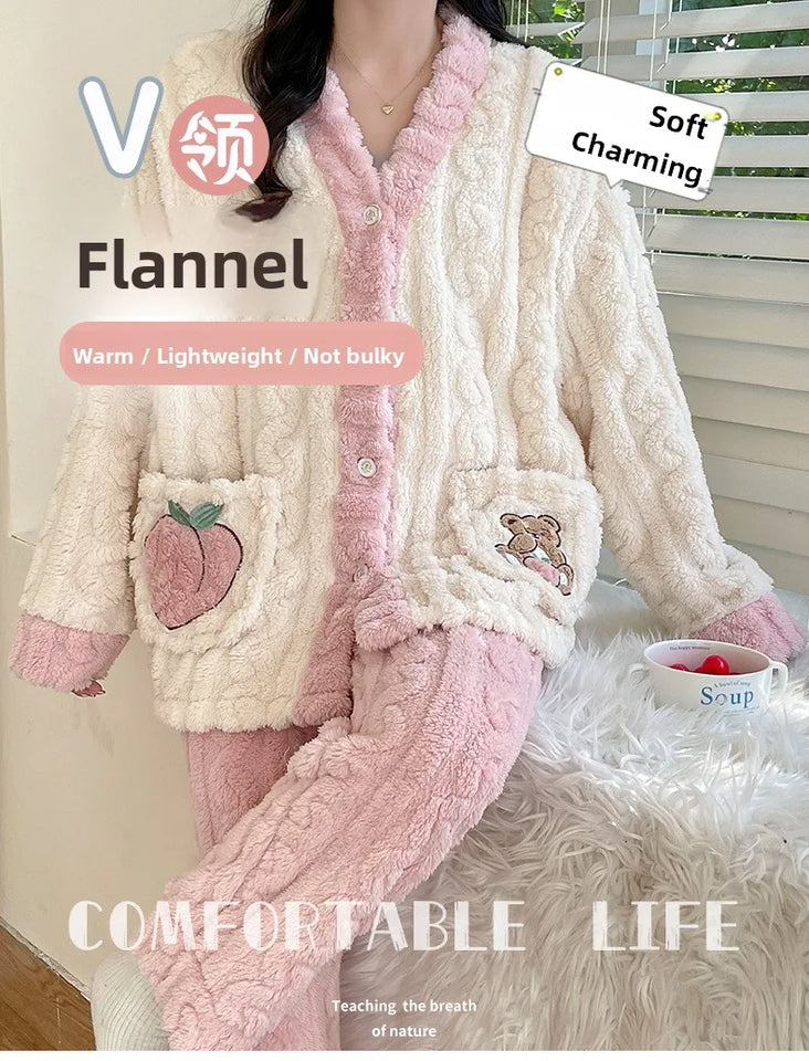 Camicia da notte premaman in flanella spessa, stile autunno inverno, cardigan per l'allattamento, manica lunga, pantaloni lunghi, calda camicia da notte per l'allattamento