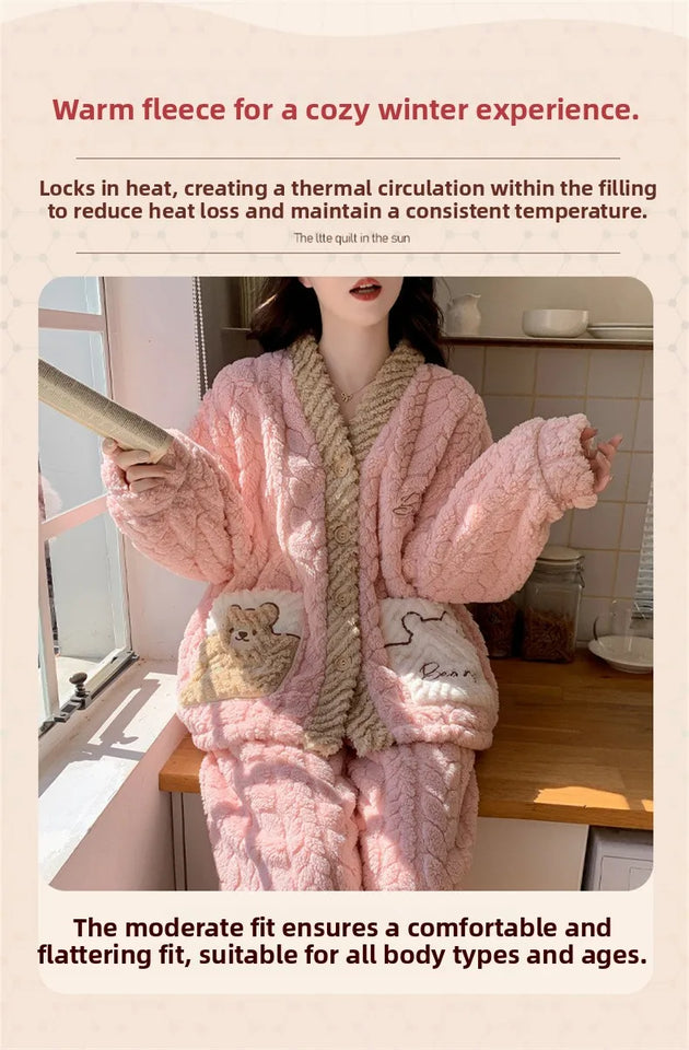Pigiama in pile spesso da donna, set di vestiti invernali per la casa, design simpatico cartone animato, comodo e caldo, scollo a V, manica lunga