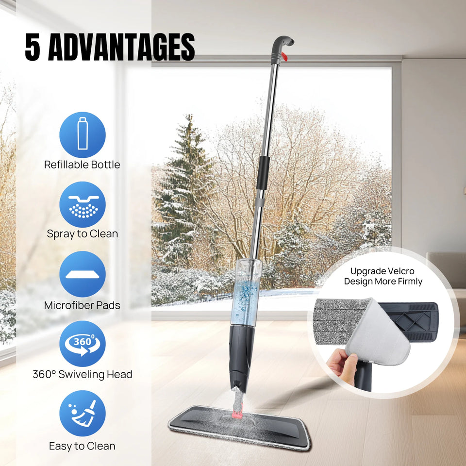 Spray Mop Broom Set Magic Flat Mops for Floor Home Cleaning Household Tool with Reusable Microfiber Pads 360° Rotating, 700ml