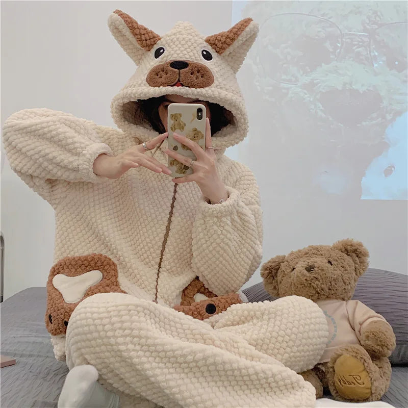 Pigiama in pile spesso da donna, set di vestiti invernali per la casa, design simpatico cartone animato, comodo e caldo, scollo a V, manica lunga