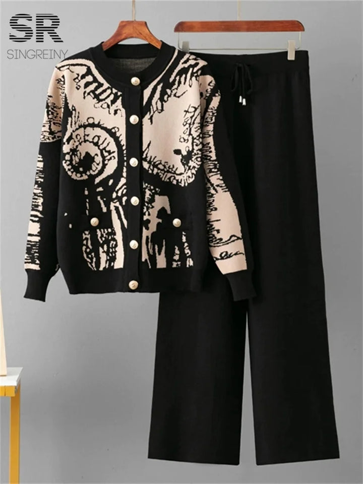 SINGREINY Set da 2 pezzi da donna in maglia jacquard invernale con monopetto e pantaloni lunghi a gamba larga, casual e sportivi