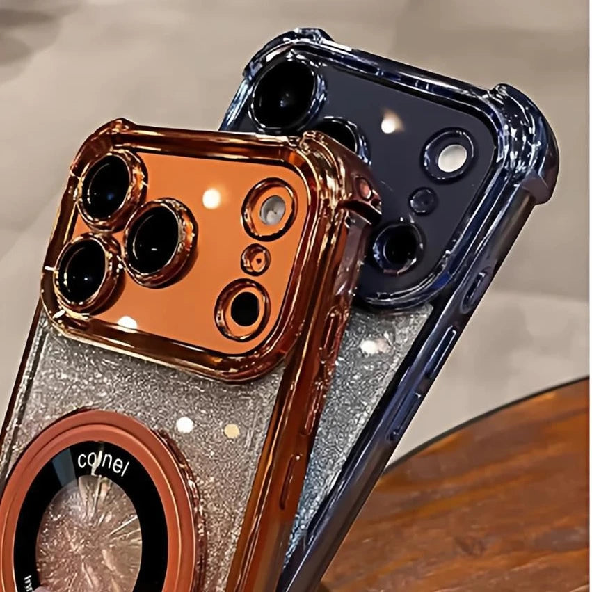 Supporto ad anello glitterato per custodia Magsafe per iPhone 14 15 16 17 Pro Max Plus 13 12 11 Air, pellicola protettiva per fotocamera sfumata