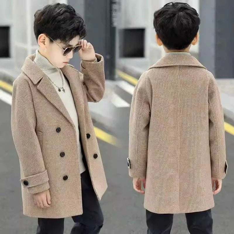 Kids Boy's Autumn Winter Quilted Wool Coat Mid Weight Trench Coat British Style Warmth Cold Resistance
