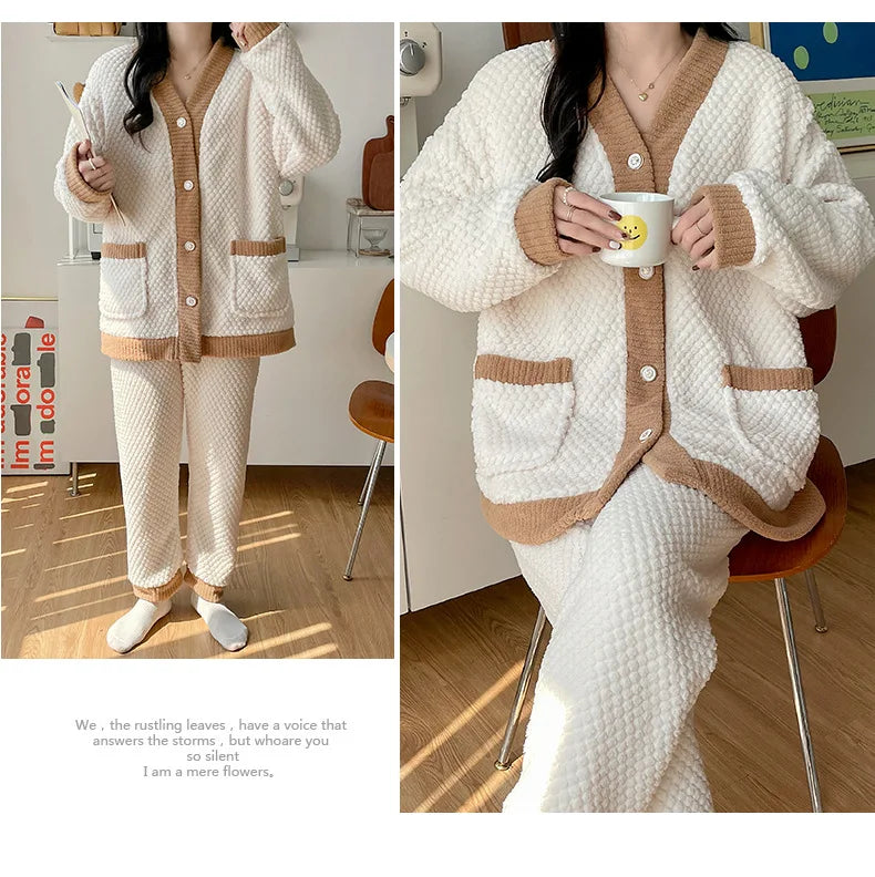 Camicia da notte premaman in flanella spessa, stile autunno inverno, cardigan per l'allattamento, manica lunga, pantaloni lunghi, calda camicia da notte per l'allattamento