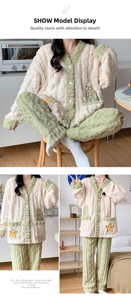 Camicia da notte premaman in flanella spessa, stile autunno inverno, cardigan per l'allattamento, manica lunga, pantaloni lunghi, calda camicia da notte per l'allattamento