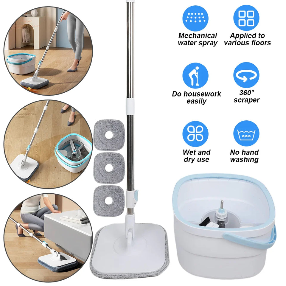360° Spin Mop Bucket Sets with Wring System Microfiber Refills Household Floor Cleaning 102-128cm Extendable Adjustable Handle
