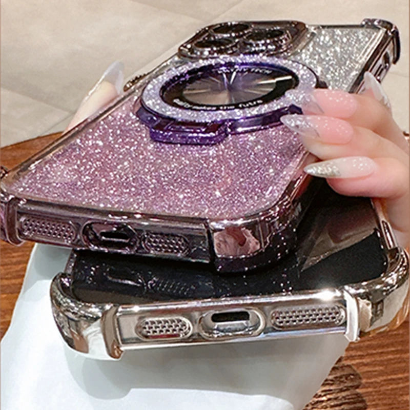 Custodia per iPhone 17 16 15 14 13 12 11 Pro Max Plus 17Air Luxury per Magsafe Glitter Placcatura Protezione Lente Supporto Magnetico Cover