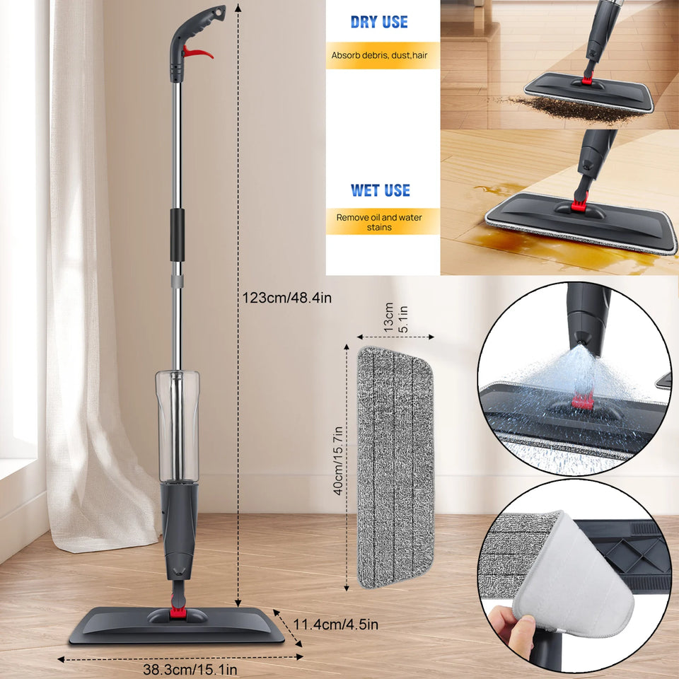 Spray Mop Broom Set Magic Flat Mops for Floor Home Cleaning Household Tool with Reusable Microfiber Pads 360° Rotating, 700ml