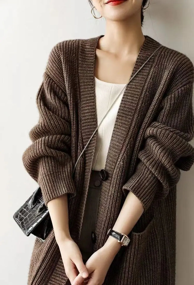 Cardigan giapponese da donna in maglia, di media e lunga lunghezza, in autunno e inverno, retrò, ampio e spesso, per capispalla
