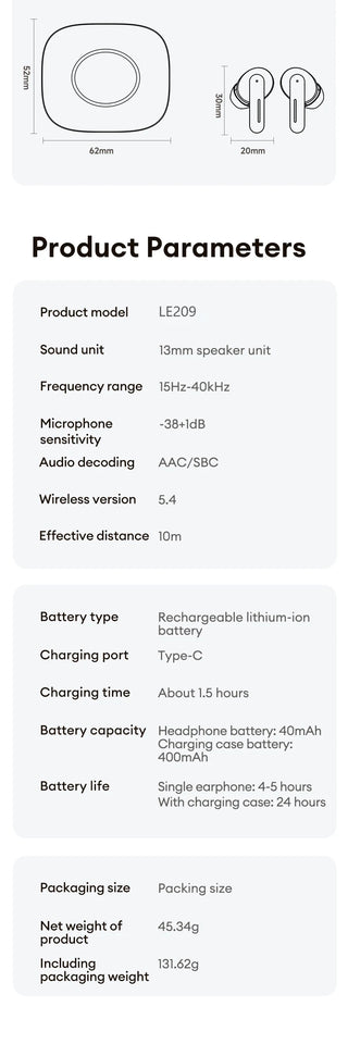 Nuovo auricolare Bluetooth wireless Lenovo LE209 con riduzione del rumore ANC, musica HiFi, cuffie Bluetooth, durata della batteria di 30 ore, cuffie da gioco