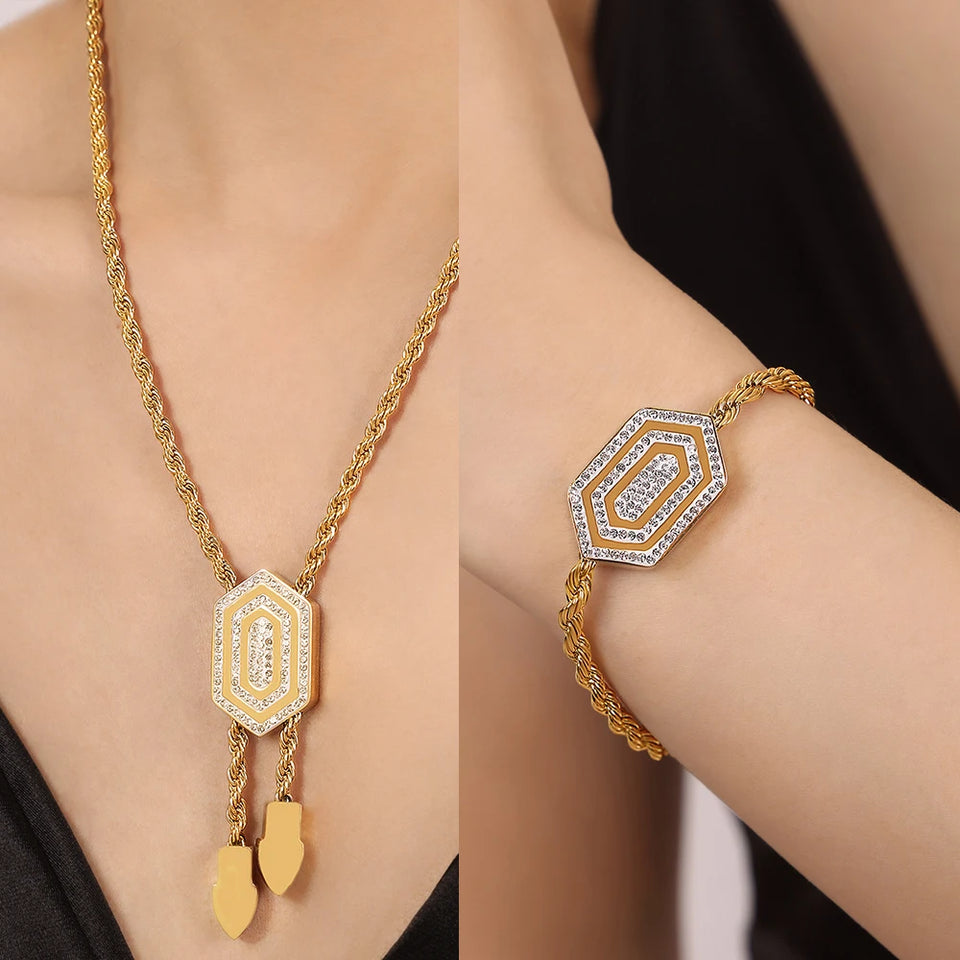 Set di bracciale e collana per donna, catena intrecciata con ciondolo esagonale in zirconia cubica, gioielli in acciaio inossidabile di alta qualità all'ingrosso