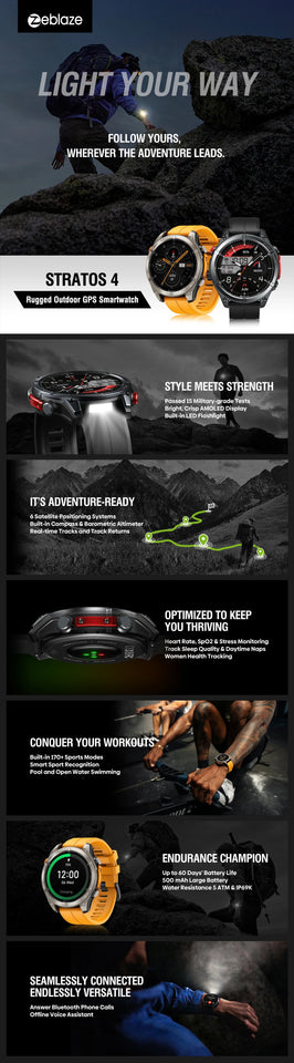 NUOVO Zeblaze Stratos 4 GPS Smart Watch Display AMOLED da 1,43 pollici Bussola integrata Altimetro barometrico Torcia Chiamata vocale Smartwatch