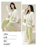 Pigiama in pile di corallo spesso, set di vestiti invernali da donna con motivo a coniglio, pantaloni in flanella calda a maniche lunghe e scollo a V